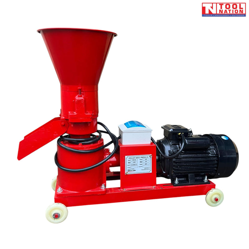 Red pellet mill press with large hopper, black motor, white control box, wheels, black cable, side chute, and visible label.