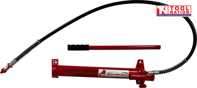 Red hydraulic hand pump and hose assembly with black curved hose, silver spring guards, and separate red handle