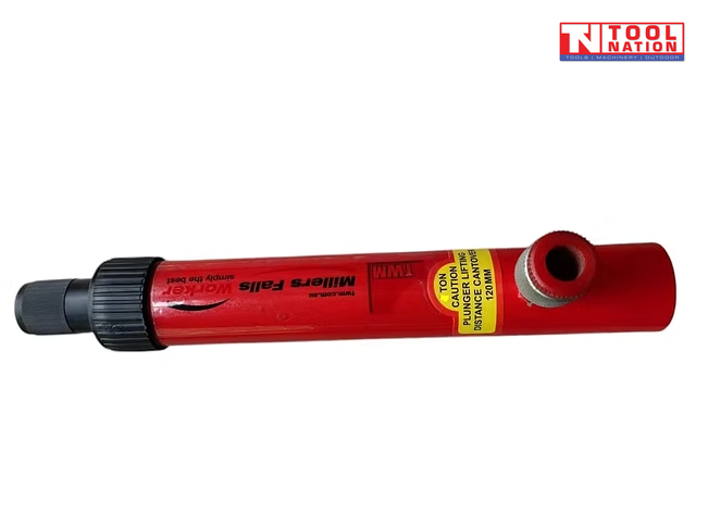 Side view of red hydraulic ram with black adjustment knob, black collar, and round hose connection port