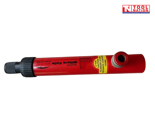 Side view of red hydraulic ram with black adjustment knob, black collar, and round hose connection port