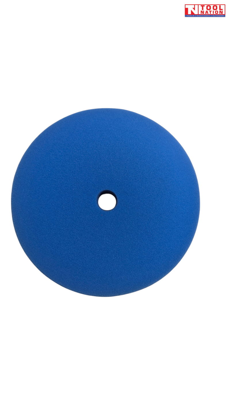 Blue round polishing pad with centre hole and logo in the top corner.