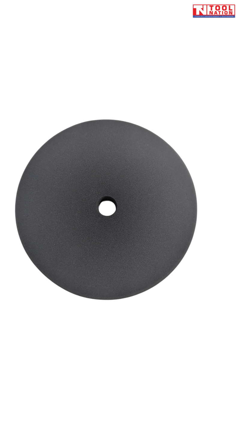 Black round polishing pad with centre hole and logo in the top corner.