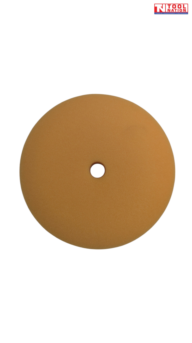 Orange round polishing pad with centre hole and logo in the top corner.
