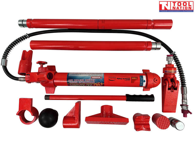 Open gray carry case with red hydraulic repair kit components, hose, handle, attachments, and instruction booklet