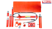 Red steel case with hydraulic repair kit components laid out, including pump, hose, ram, handle, extensions, and attachments