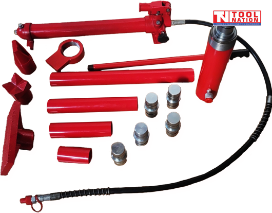 Red hydraulic porta power kit components laid out with pump, hose, ram, extension tubes, couplers, and attachments