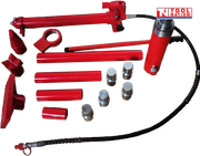 Red hydraulic porta power kit components laid out with pump, hose, ram, extension tubes, couplers, and attachments