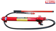 Red hydraulic hand pump with black hose and separate red handle