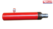 Side view of red hydraulic ram with silver piston and small top connection fitting