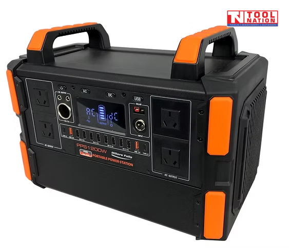 Front angled view of the PPS1200W portable power station showing the display, outlets, control panel and dual carry handles.