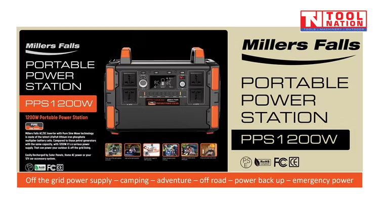 Promotional graphic for the PPS1200W portable power station showing the unit, branding, feature icons and usage images.
