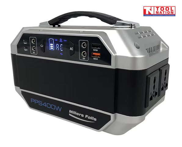 Front angled view of the PPS400W portable power station showing the display, outlets, control panel and carry handle.