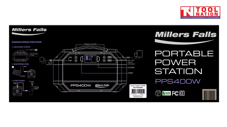 Product information graphic for the PPS400W showing a labeled front diagram, specifications panel and charging method diagrams.