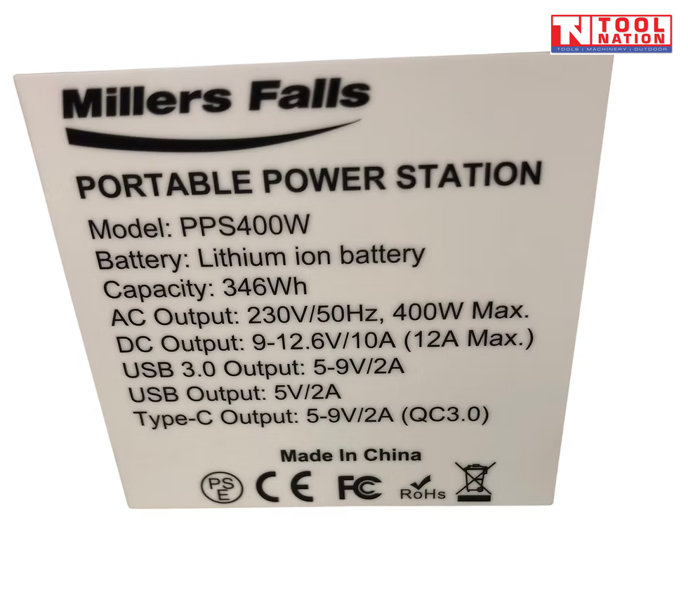 Close-up specifications and charging diagram graphic for the PPS400W showing power outputs, battery details and recharge options.