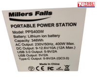 400W MILLERS FALLS PORTABLE POWER STATION - PURE SINE WAVE - SOLAR