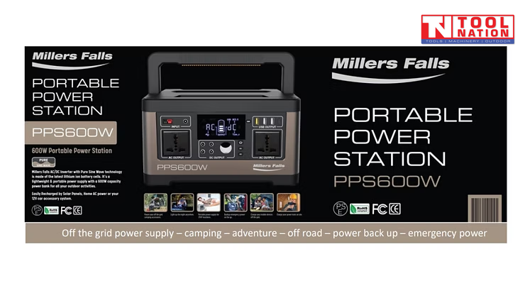 Promotional graphic for the PPS600W portable power station showing the unit, branding, feature icons and usage images.