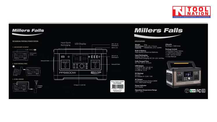 Product information graphic for the PPS600W showing a labeled front diagram, specifications panel and charging method diagrams.