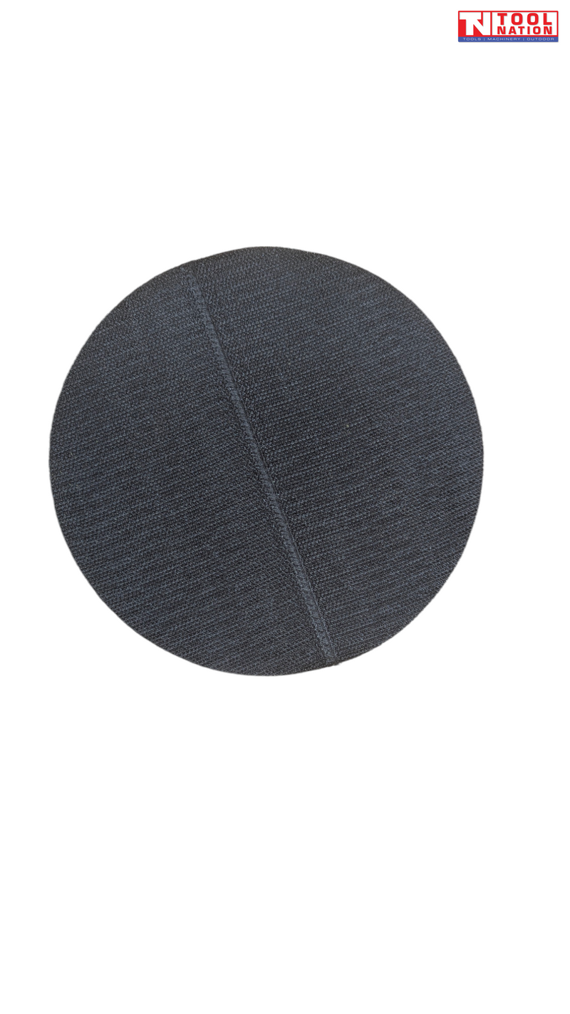 Black round backing pad face with textured surface and centre seam.