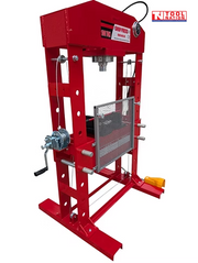 Close-up side view of the shop press showing the hand lever, hydraulic cylinder, mesh safety guard, and support pins.