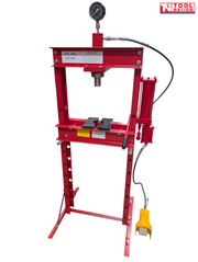 Front view of a red 20 ton shop press with pressure gauge, pressing head, press plates, side cylinder, handle, black hose, and yellow foot pedal.