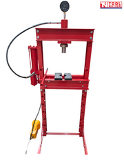 Rear view of a red 20 ton shop press with pressure gauge, pressing head, press plates, side cylinder, black hose, red handle, and yellow foot pedal.
