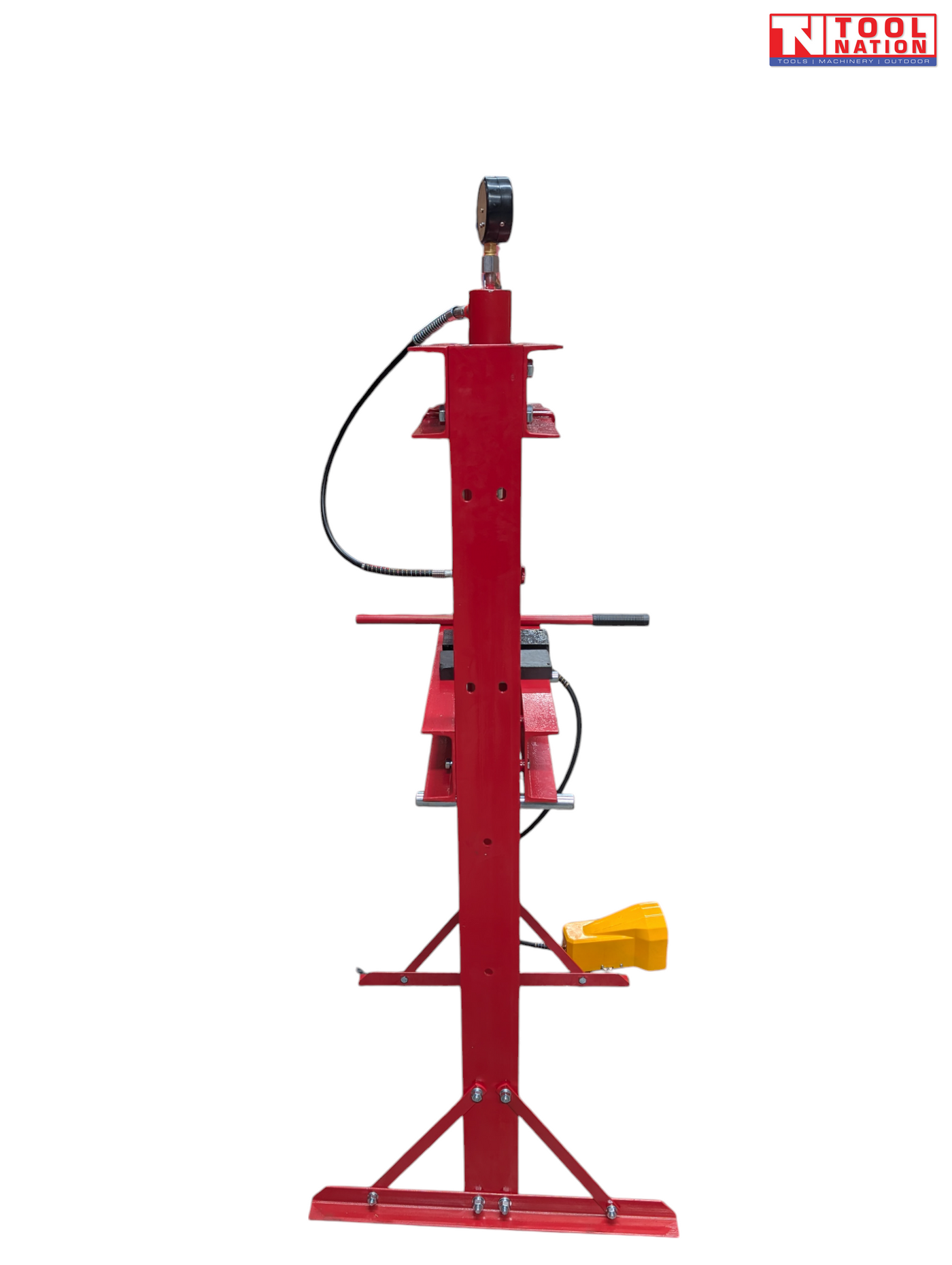 Side profile of a red 20 ton shop press showing the pressure gauge, black hose, press plates, red handle, and yellow foot pedal.