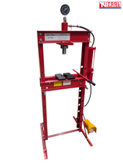 Angled front view of a red 20 ton shop press with pressure gauge, pressing head, press plates, side cylinder, red handle, black hose, and yellow foot pedal.