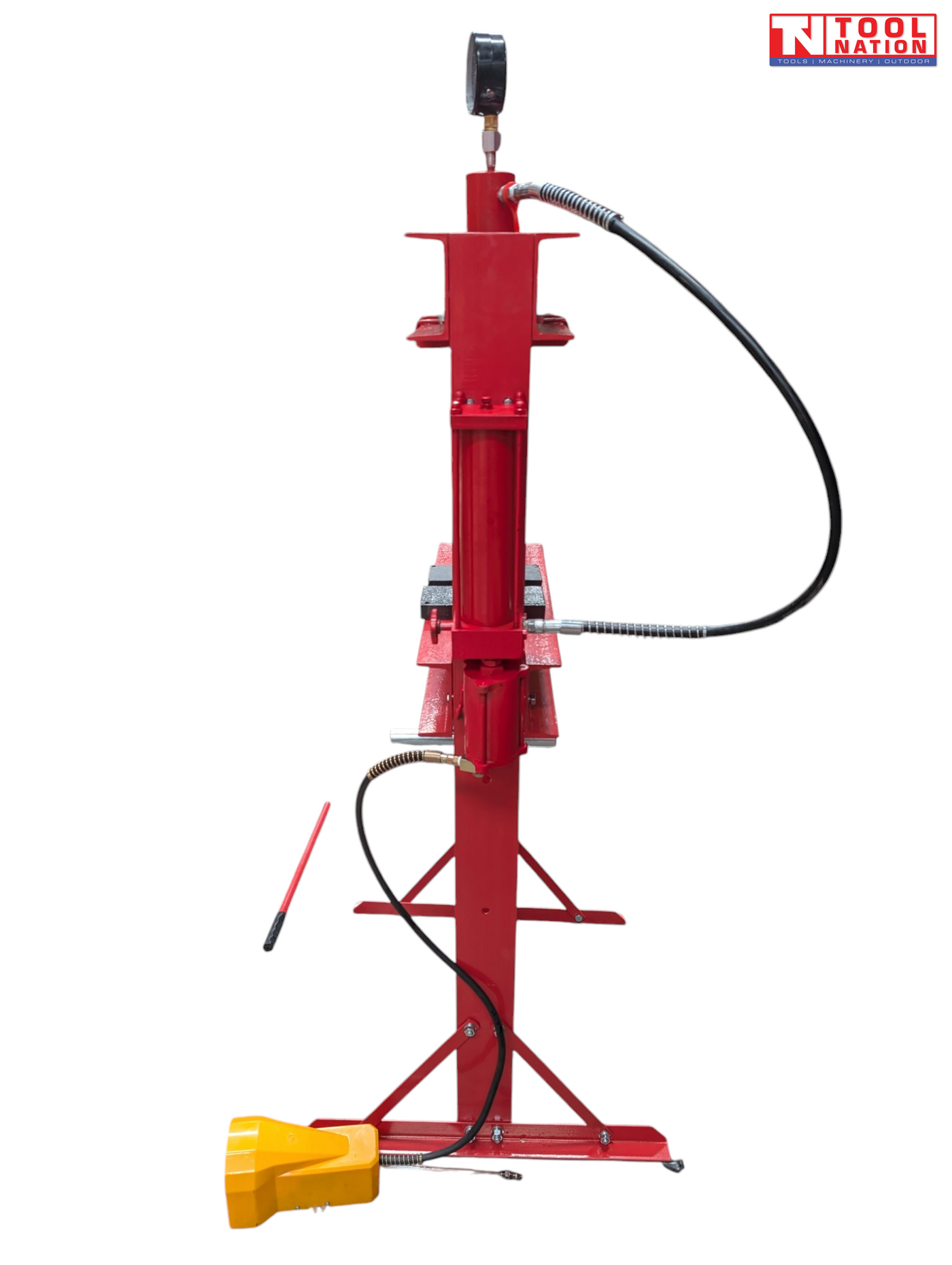 Rear side view of the red shop press showing the side cylinder, pressure gauge, black hoses, red handle, and yellow foot pedal.