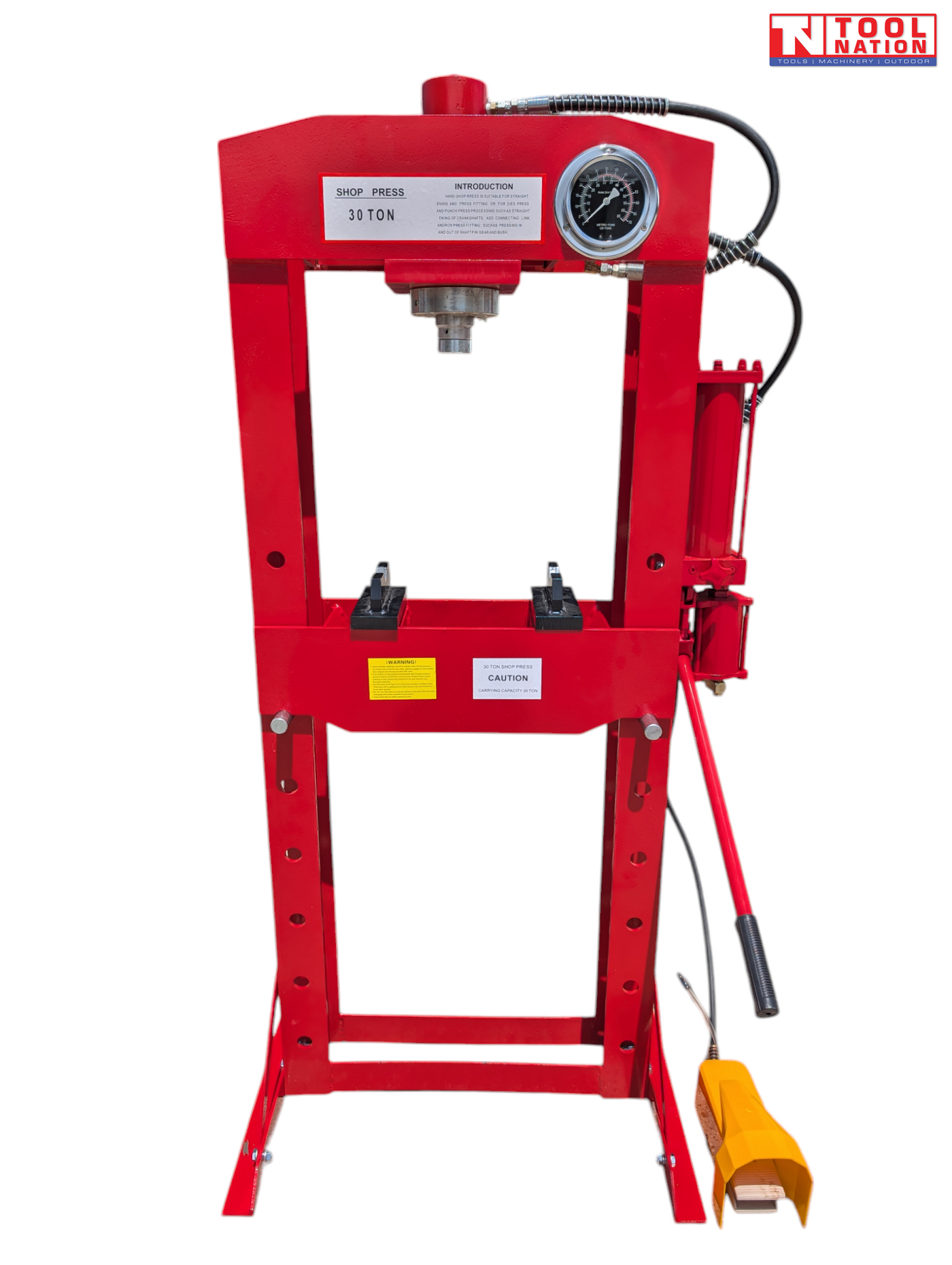 Front view of a red 30 ton shop press with pressure gauge, pressing head, press plates, side cylinder, red handle, black hoses, and yellow foot pedal.