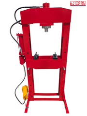 Rear view of a red 30 ton shop press with pressing head, press plates, side cylinder, black hoses, and yellow foot pedal.