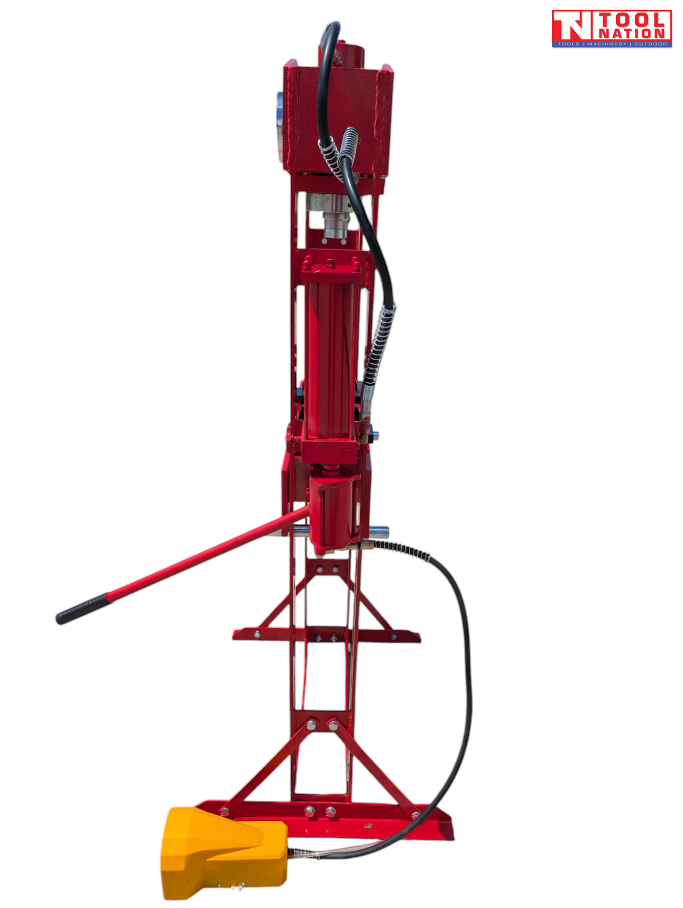 Side profile of the red shop press showing the frame, side cylinder, red handle, black hose, and yellow foot pedal.