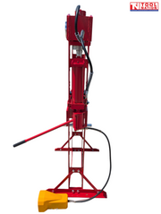 Side profile of the red shop press showing the frame, side cylinder, red handle, black hose, and yellow foot pedal.