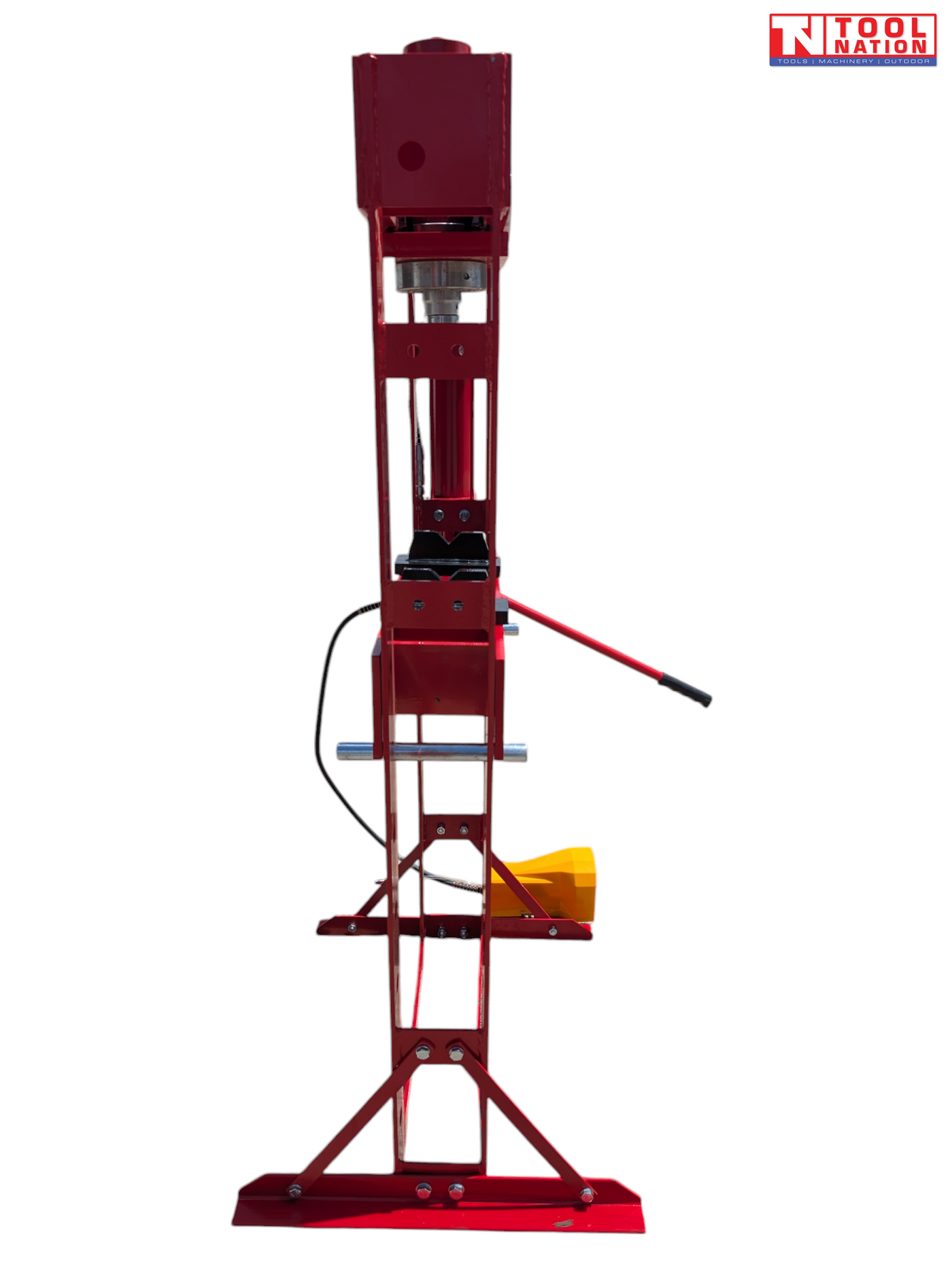 Narrow side view of the red shop press showing the frame depth, pressing head, red handle, black hose, and yellow foot pedal.