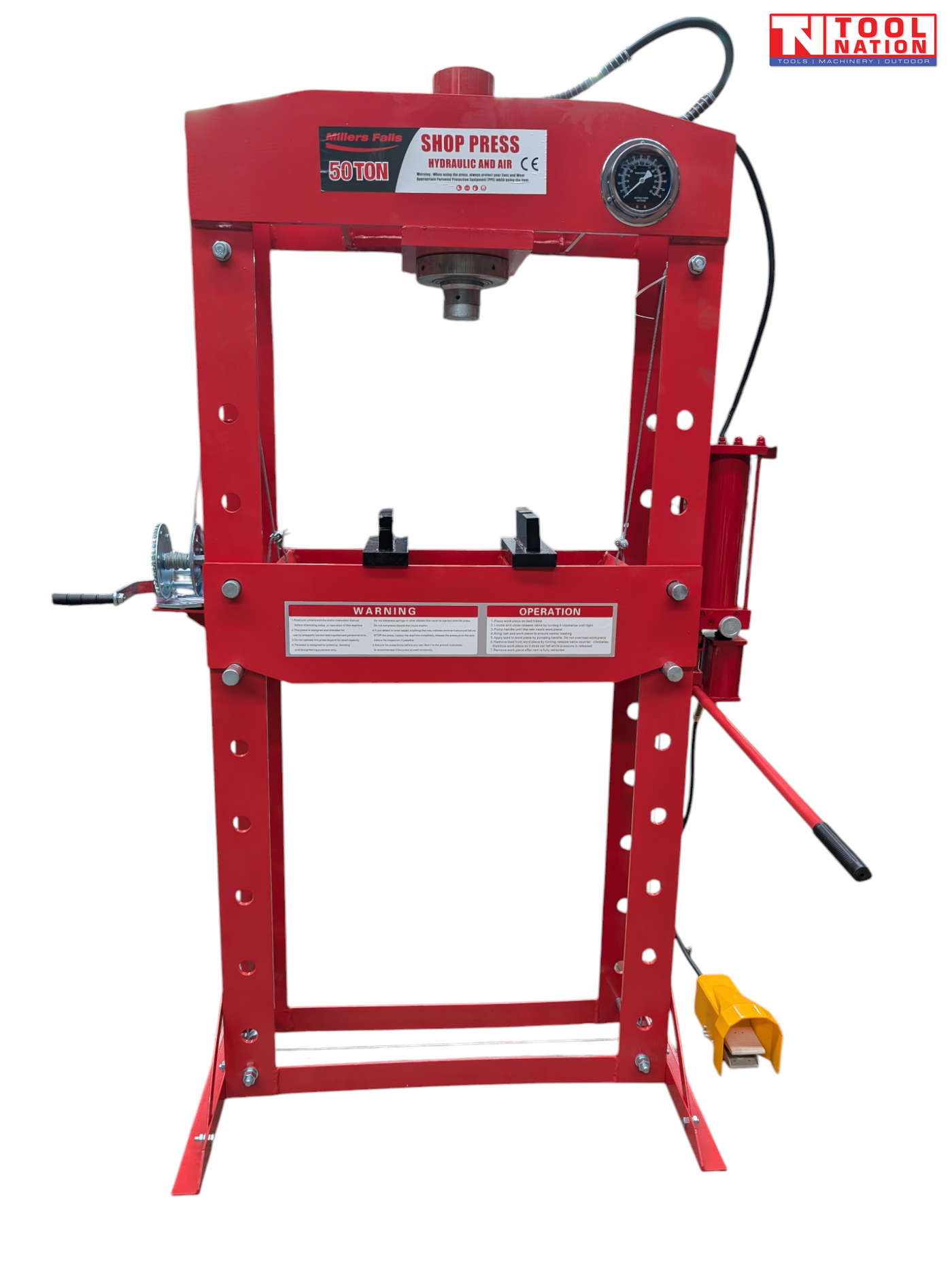 Front view of red shop press with pressure gauge, pressing head, press plates, side cylinder, handle, hose, and yellow foot pedal