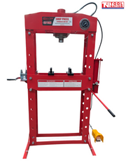 Front view of red shop press with pressure gauge, pressing head, press plates, side cylinder, handle, hose, and yellow foot pedal