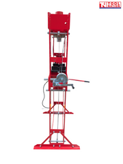 Side view of red shop press with hand winch, handle, press plates, and frame base
