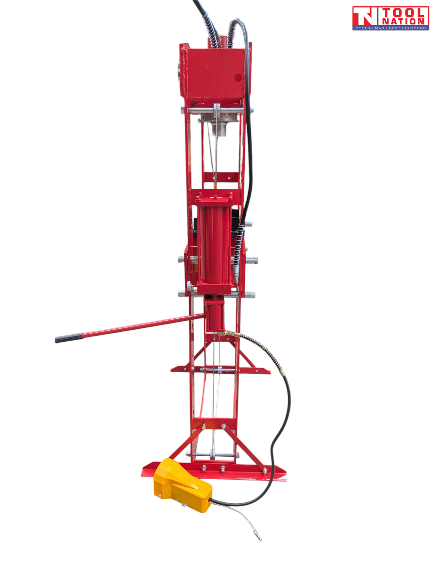 Side view of red shop press with hydraulic ram, handle, frame base, hose, and yellow foot pedal