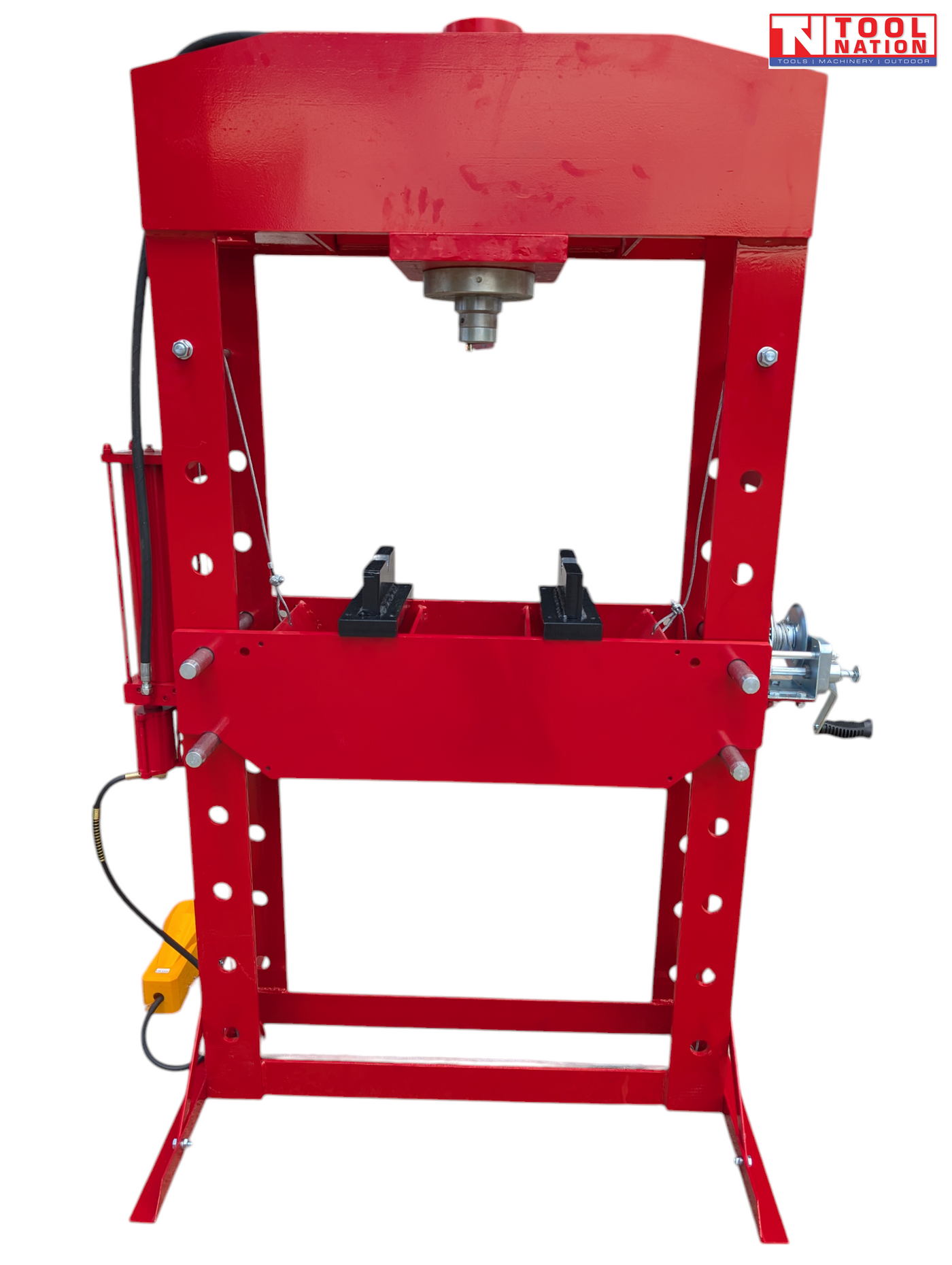 Rear view of red shop press with pressing head, press plates, side cylinder, winch, and yellow foot pedal