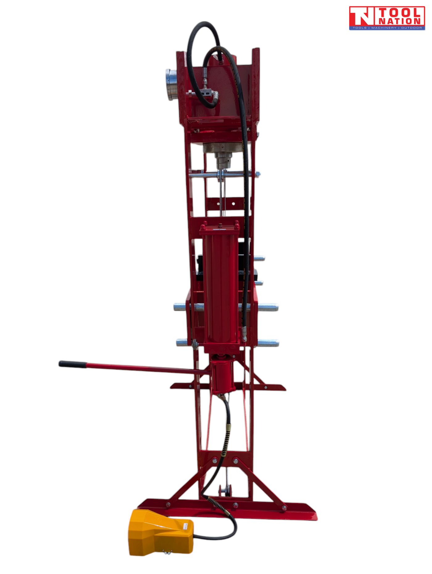 Side view of red shop press with side cylinder, handle, black hose, and yellow foot pedal