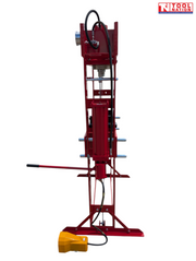 Side view of red shop press with side cylinder, handle, black hose, and yellow foot pedal