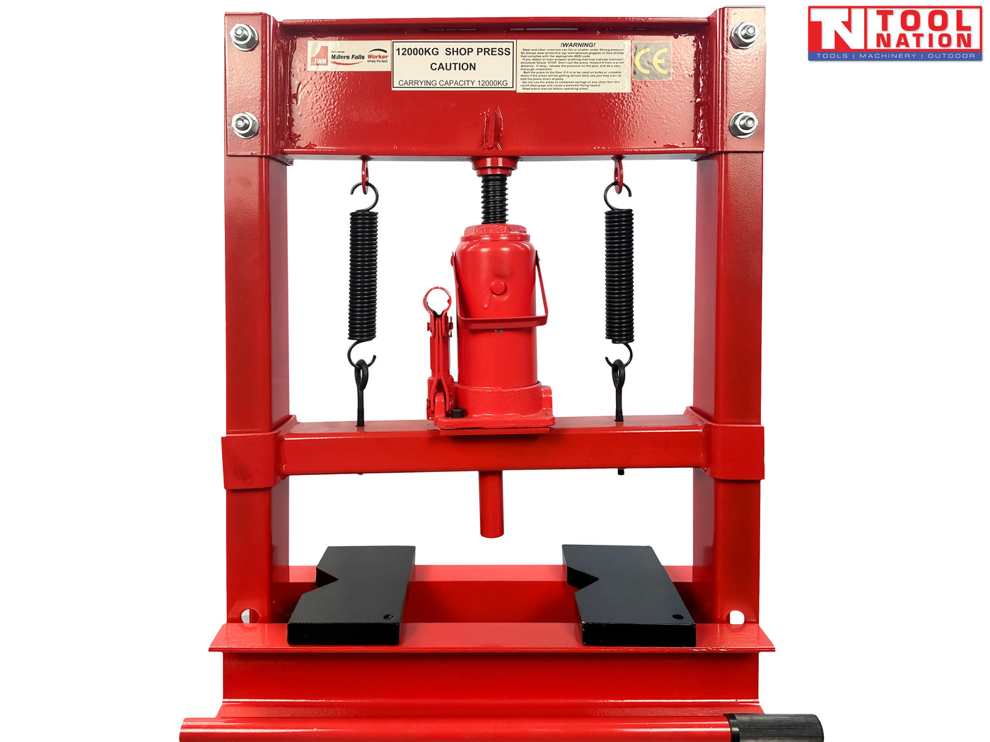 Front view of red shop press with bottle jack, return springs, press plates, and handle