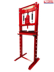 Angled front view of red shop press with bottle jack, return springs, press plates, and handle