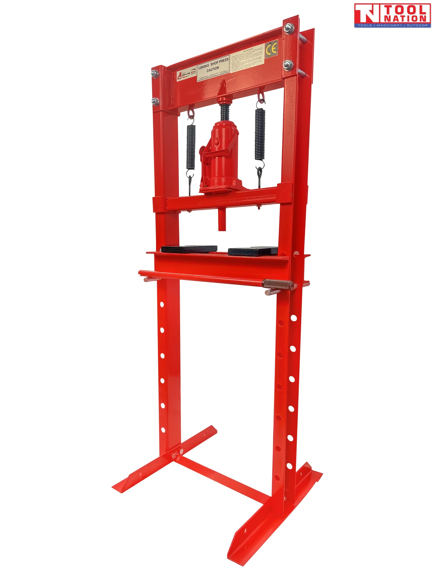 Angled front view of red shop press with bottle jack, return springs, press plates, and handle