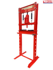 Angled front view of red shop press with bottle jack, return springs, press plates, and handle