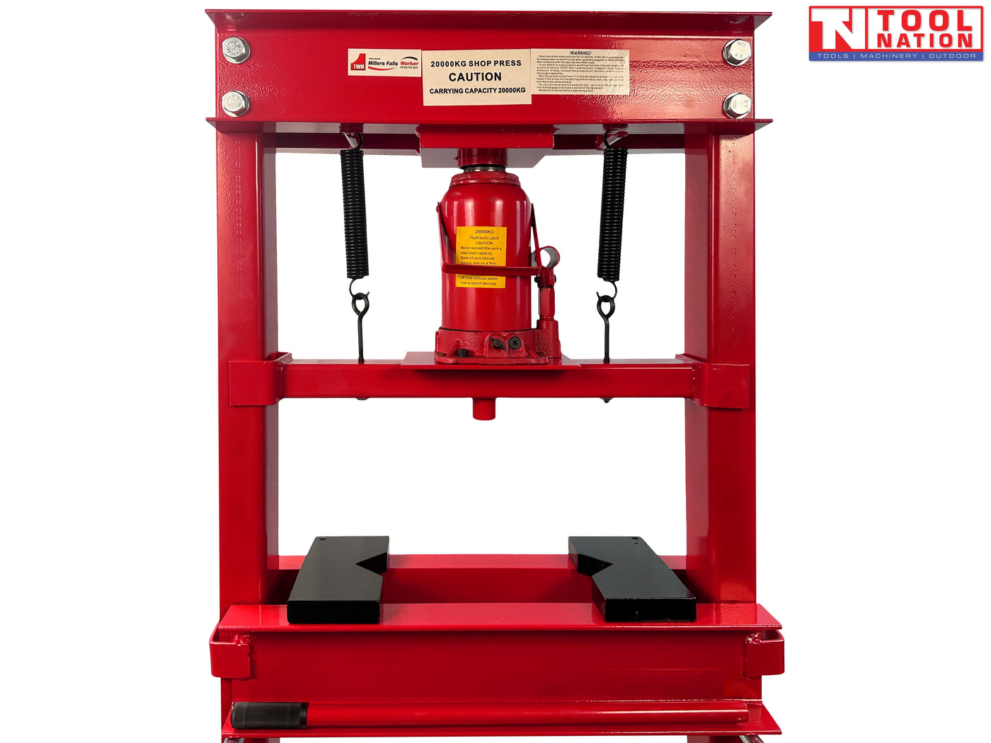 Front view of red shop press with bottle jack, return springs, press plates, and handle