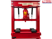 Front view of red shop press with bottle jack, return springs, press plates, and handle