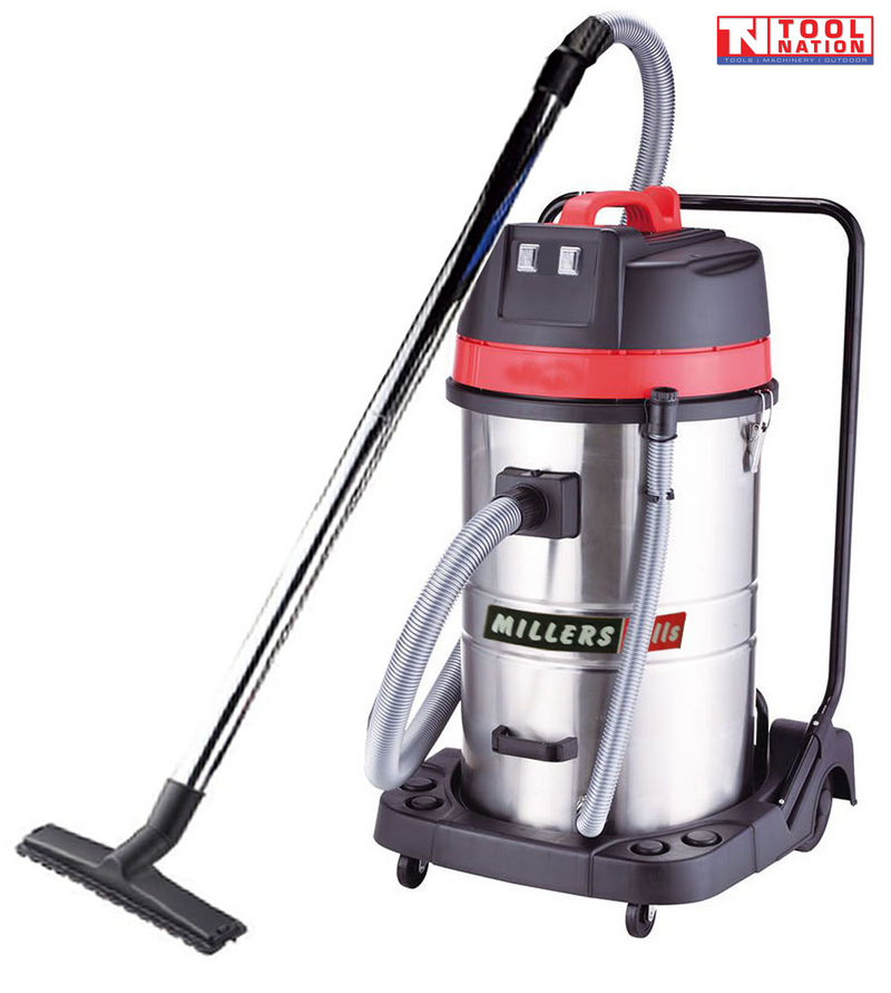 Stainless industrial vacuum with red and black top, grey hoses, black handle frame, floor wand, wheels, visible branding, and logo in the top corner.