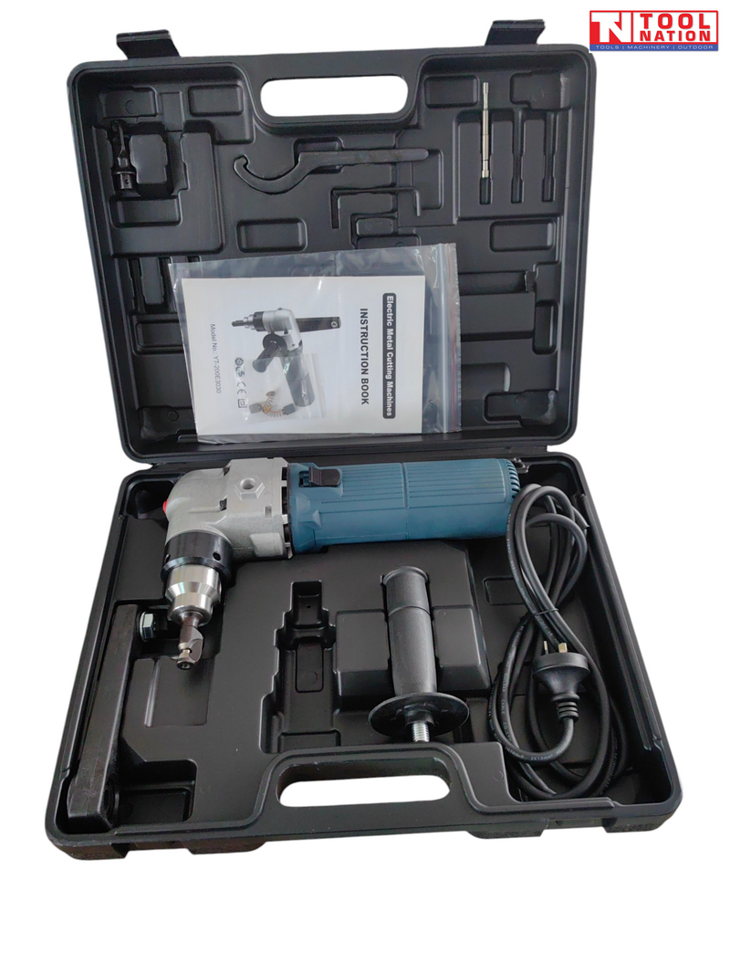Open black carry case containing a blue and silver electric nibbler, side handle, power cord, instruction book, and accessories.