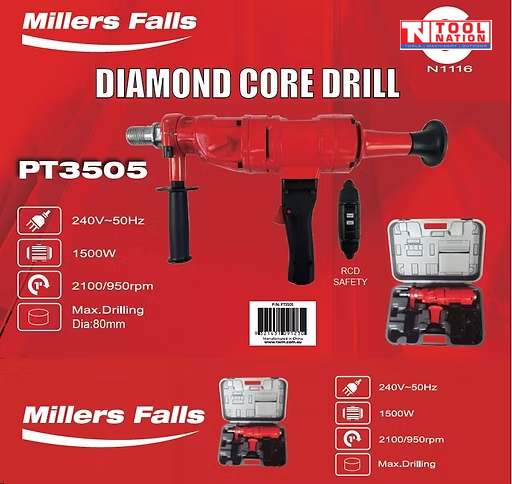 Red product graphic showing an orange core drill, carry case, switch box, icons, text, and logos.