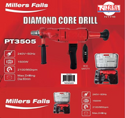 Red product graphic showing an orange core drill, carry case, switch box, icons, text, and logos.
